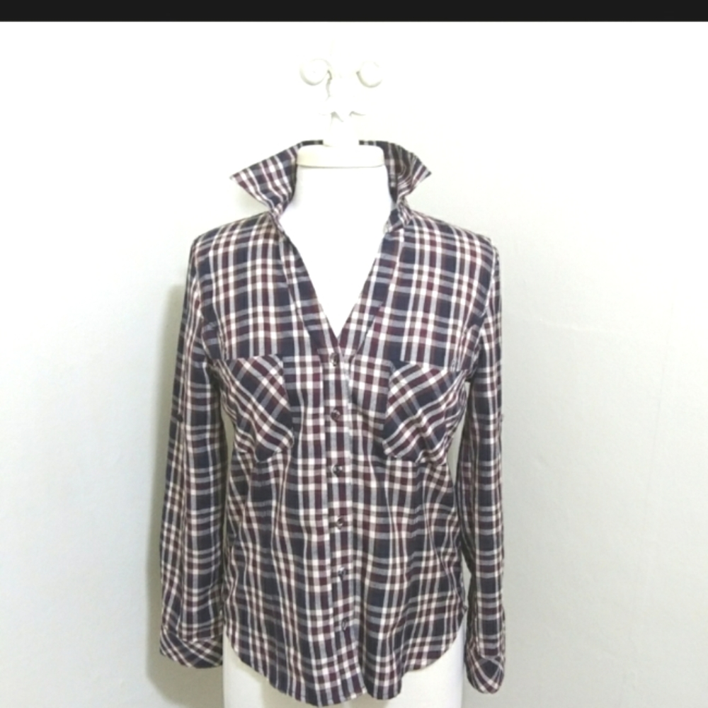 Skies Are Blue Size Medium Petite Cream & Brick Red Plaid Button Down Shirt